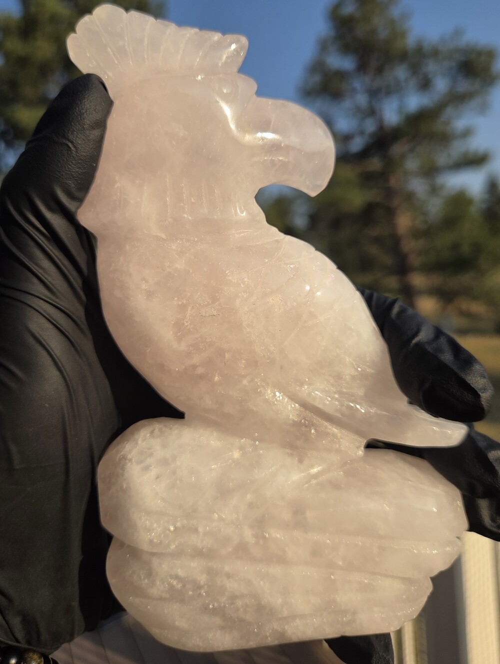 Carved Rose Quartz Parrot Sculpture
